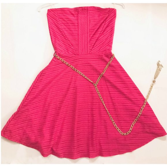 Strapless Skater Cocktail Homecoming Dress with a Chain Belt,S,M,L, Hot Pink - Picture 2 of 2